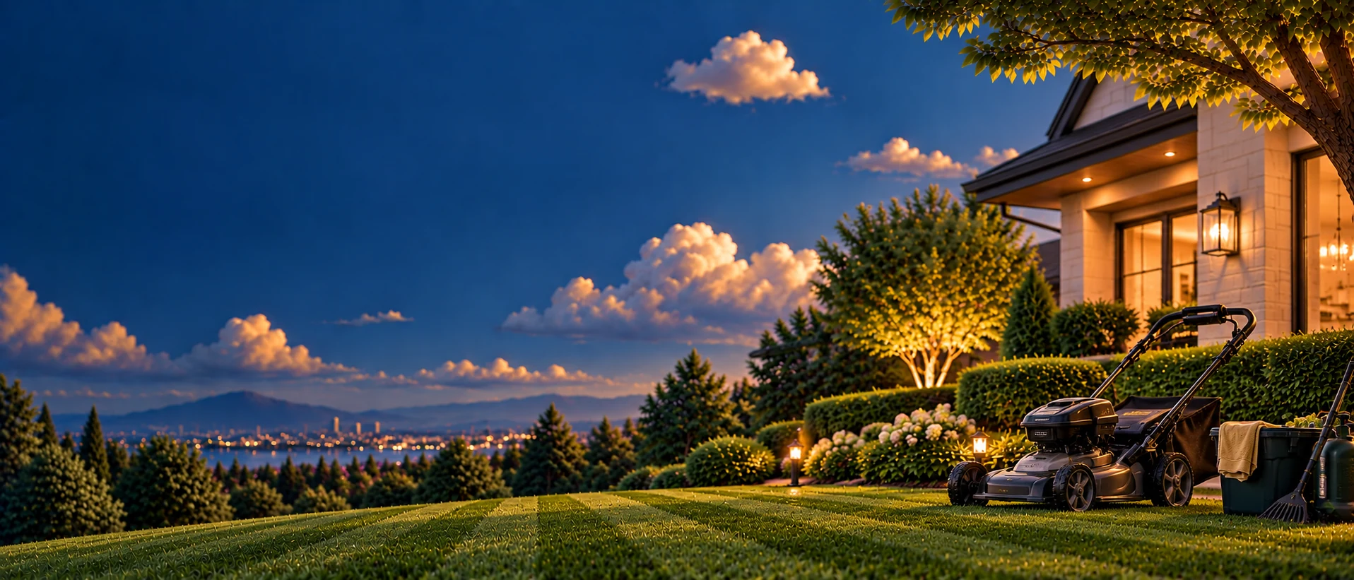 A warmly lit home with a landscaped garden and a lawn mower on the grass at dusk.